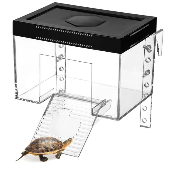 Tortoise Sunshine Warm Room, Elevated Transparent Turtle Basking Platform with Ramp & Lid, Adjustable Height, Small Turtle Habitat with Reserved Hole for Hex Basking Lamp