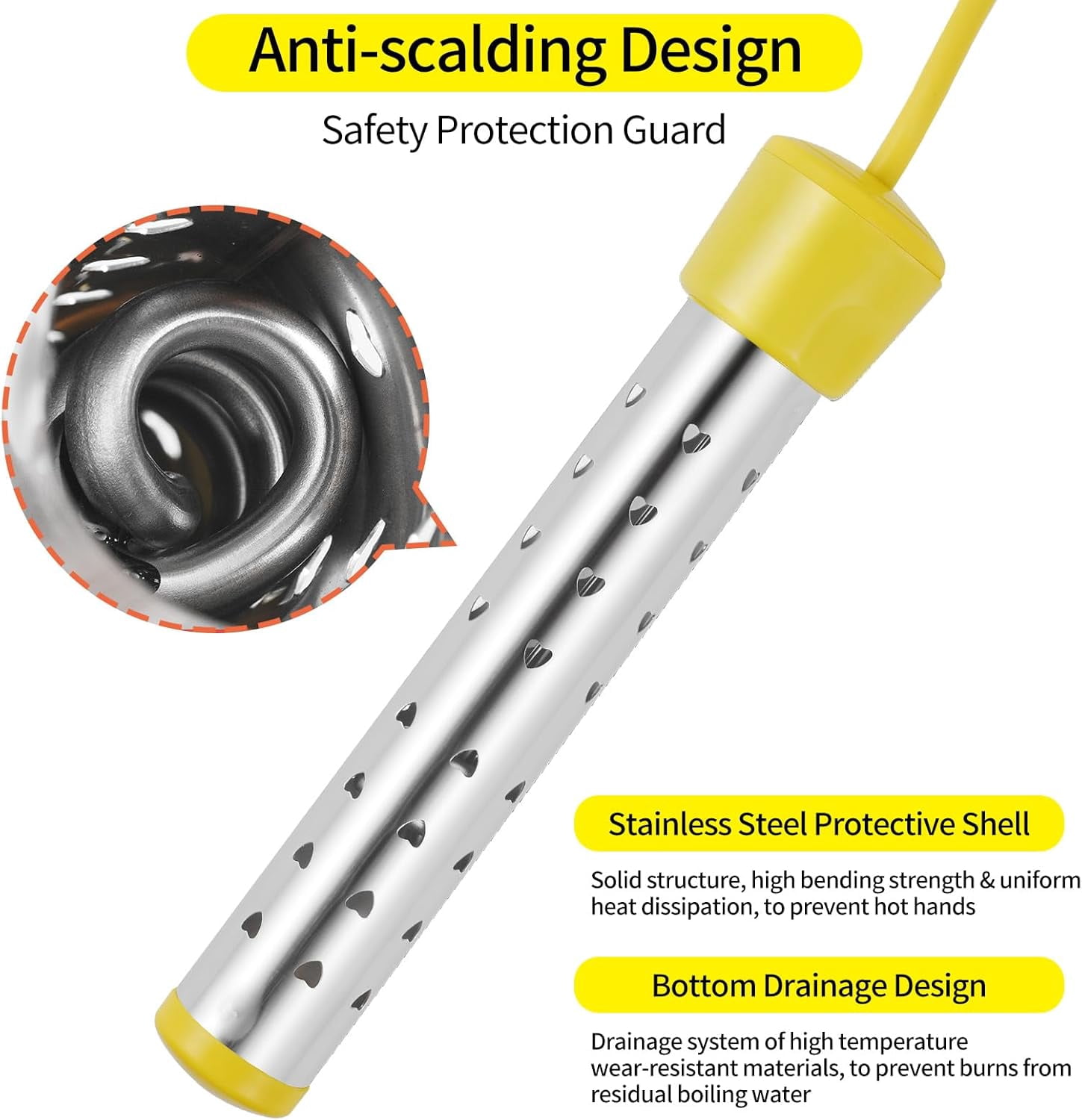 2 Pcs Immersion Water Heater with Stainless Steel Cover,1500W Portable Bucket Heater Heat 5 Gallons of Water in Minutes,Yellow