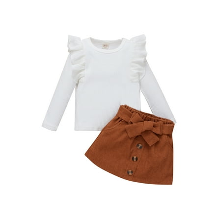 

Kids Ribbed Tops Set Fungus Edge Long Sleeve Solid Color Tops Bowknot Elastic Waist Buttoned Thigh Long Skirt