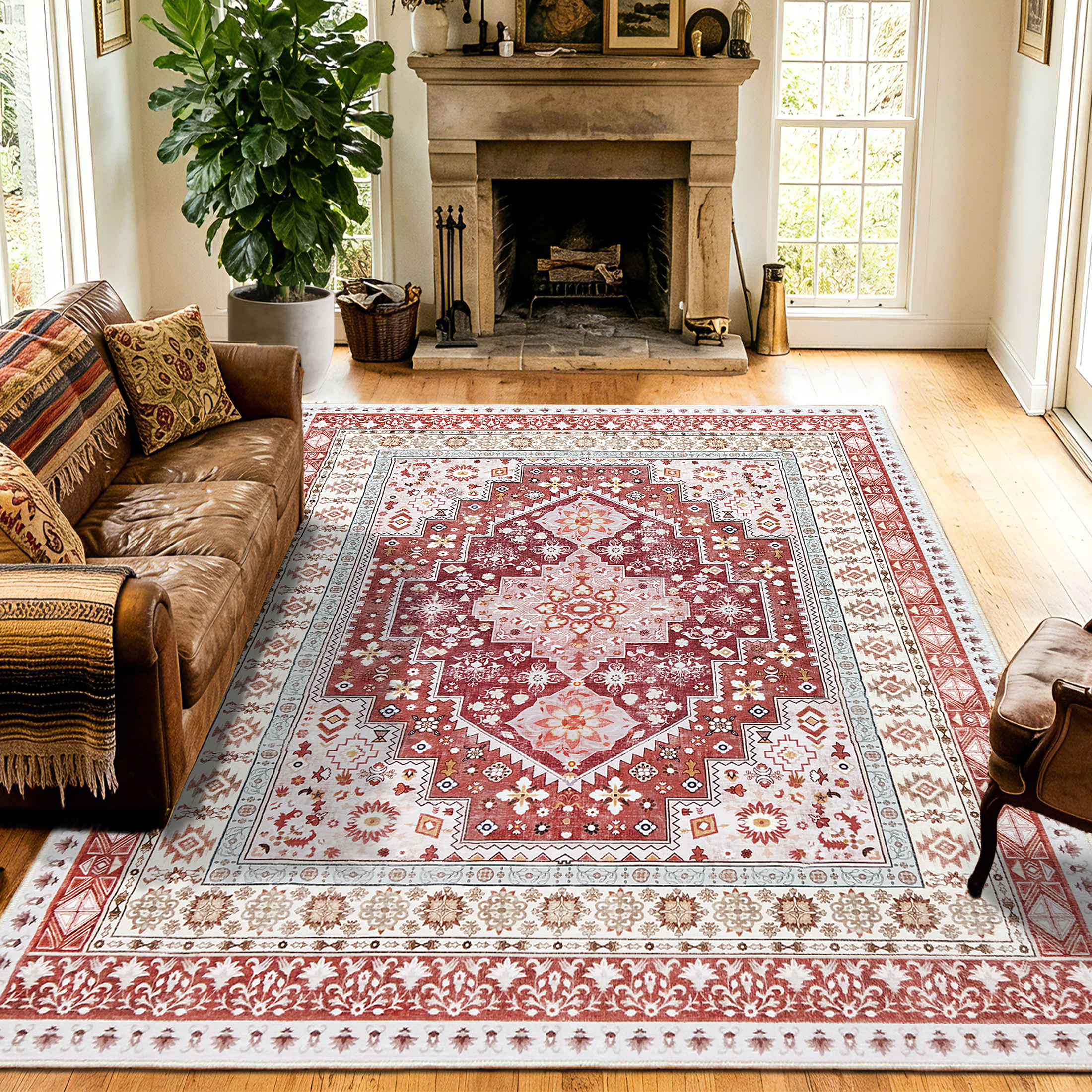 ARJINCUTE 8x10 feet Low Pile Distressed Bohemian Vintage Area Rugs , Non-Slip & Machine Washable, Red