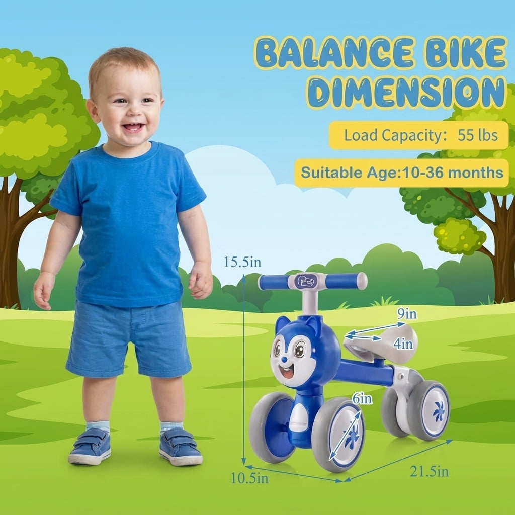 Redsmile Baby Balance Bike, 4 Wheel No Pedal Toddler Balance Bike for 10-36 Months, Lightweight Infant Training Bike, Blue