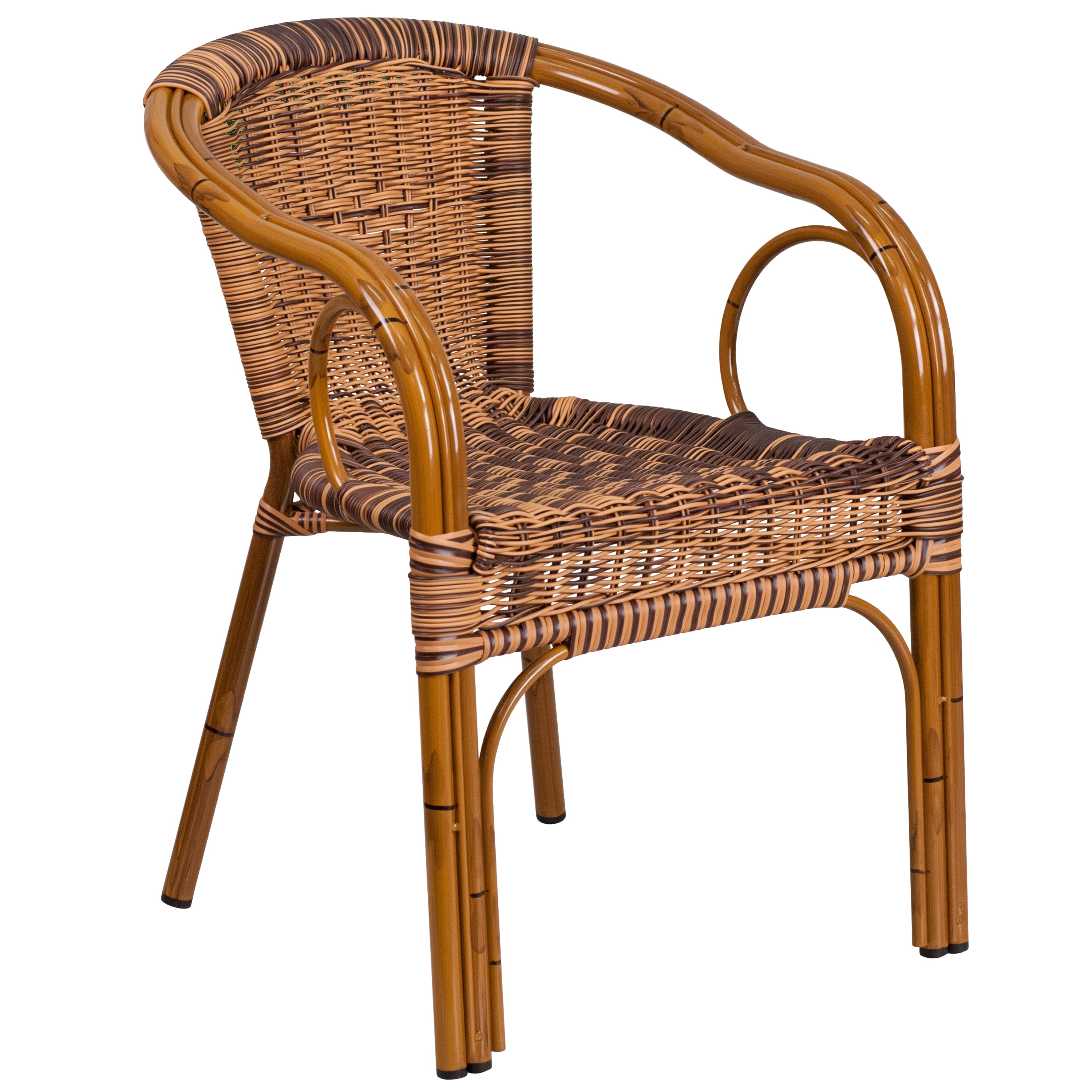 Merrick Lane Stacking Rattan Patio Chair in Burning Brown with Dark Red Bamboo Look Aluminum Frame and Integrated Arms