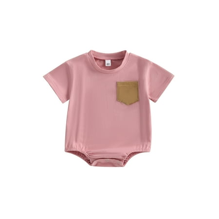 

Qtinghua Newborn Baby Girl Boy Short Sleeve Solid Romper Oversized Bodysuit with Pocket Summer Outfits Pink 6-12 Months