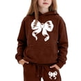 thumbnail image 3 of Girls Bow Print Hoodie 2 Piece Tracksuit, Kids Long Sleeve Hooded Sweatshirt Jogger Pants Set for School Daily Casual Wear(Brown3,12-13 Years), 3 of 3