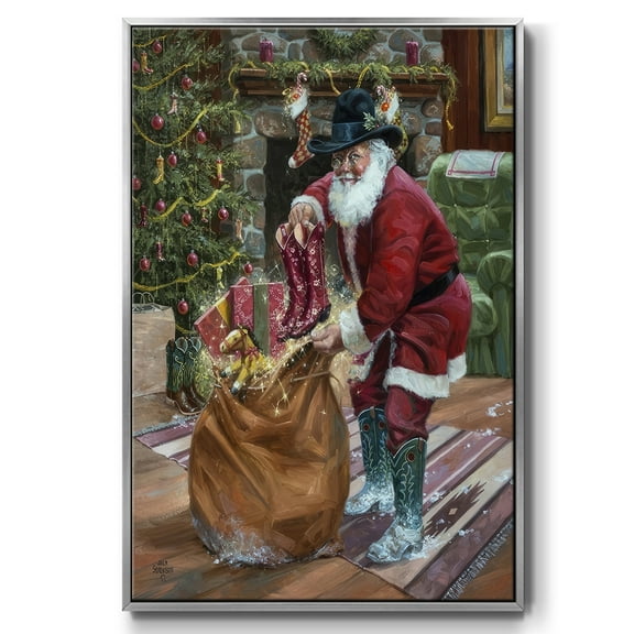 New Boots for Christmas - Framed Gallery Wrapped Holiday Canvas - 17 x 25 - Silver Frame