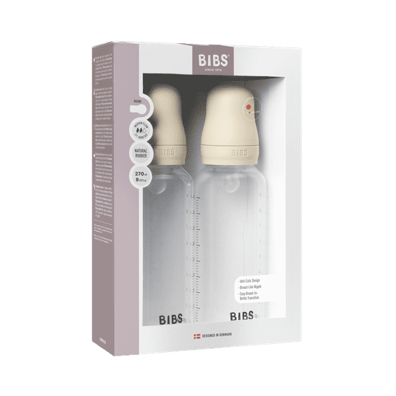 BIBS Baby Bottles with Medium Flow Silicone Nipple, Ivory, 9 oz, 2 Pack