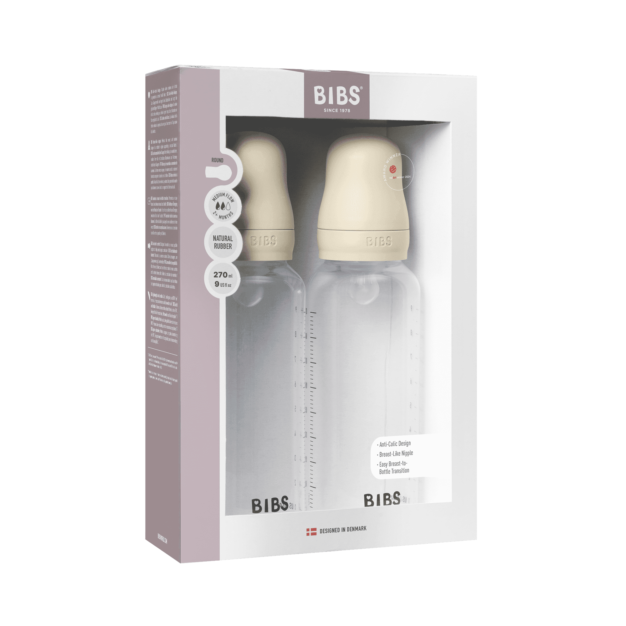 BIBS Baby Bottles with Medium Flow Silicone Nipple, Ivory, 9 oz, 2 pack