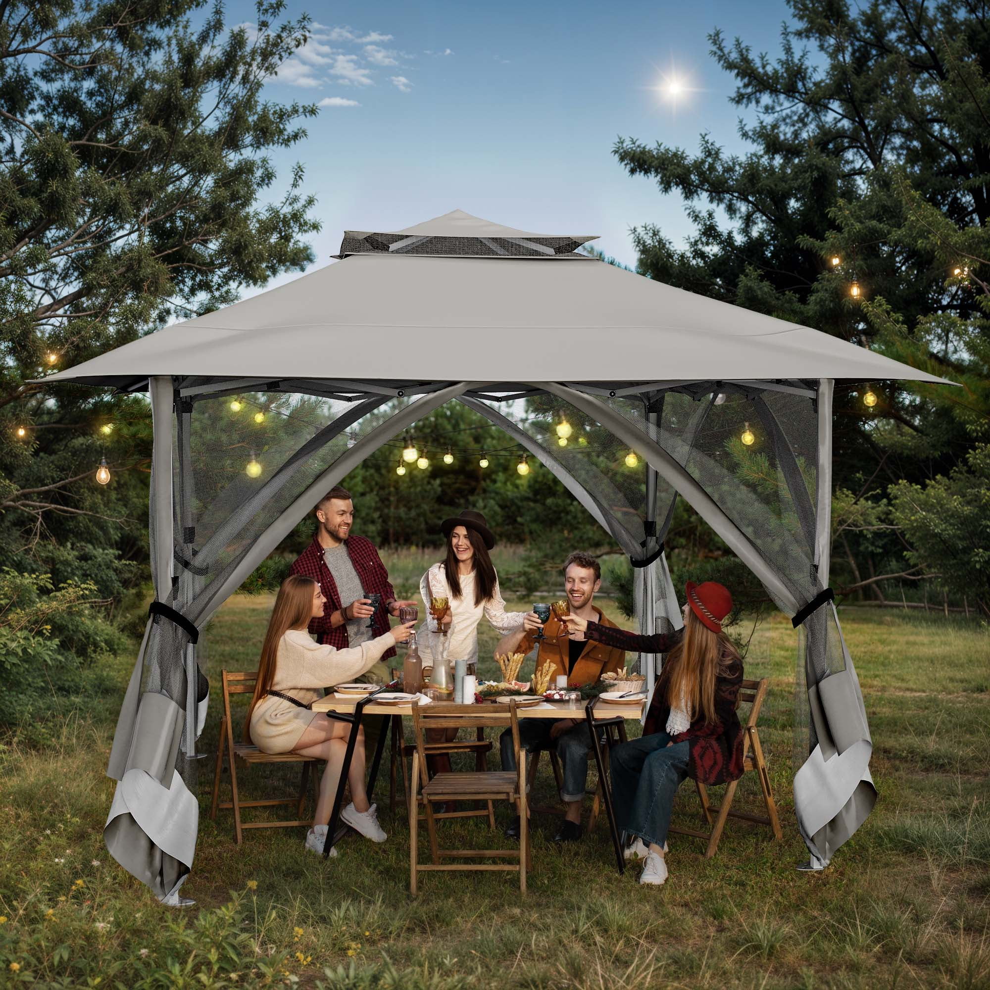 Uforic 13'x13' Pop Up Gazebo, Outdoor Double Roof Gazebo Tent with Netting Walls, Double Vented Roof Canopy, Beige