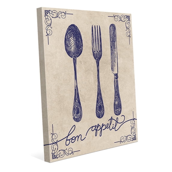 Bon Appetit Indigo Utensils - Grunge | 20" x 24" Canvas Wall Art