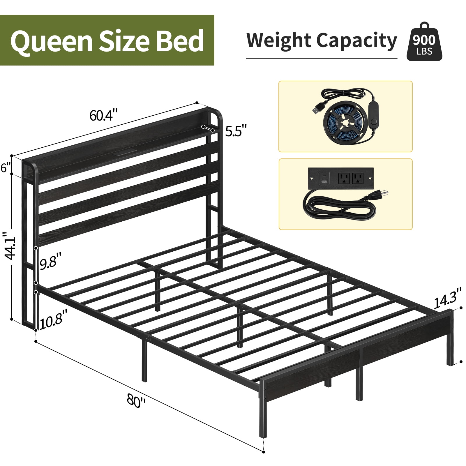 Yoobure Queen Bed Frame with USB Port&LED ,Standard Queen Size Bed Frame with Headboard,Black