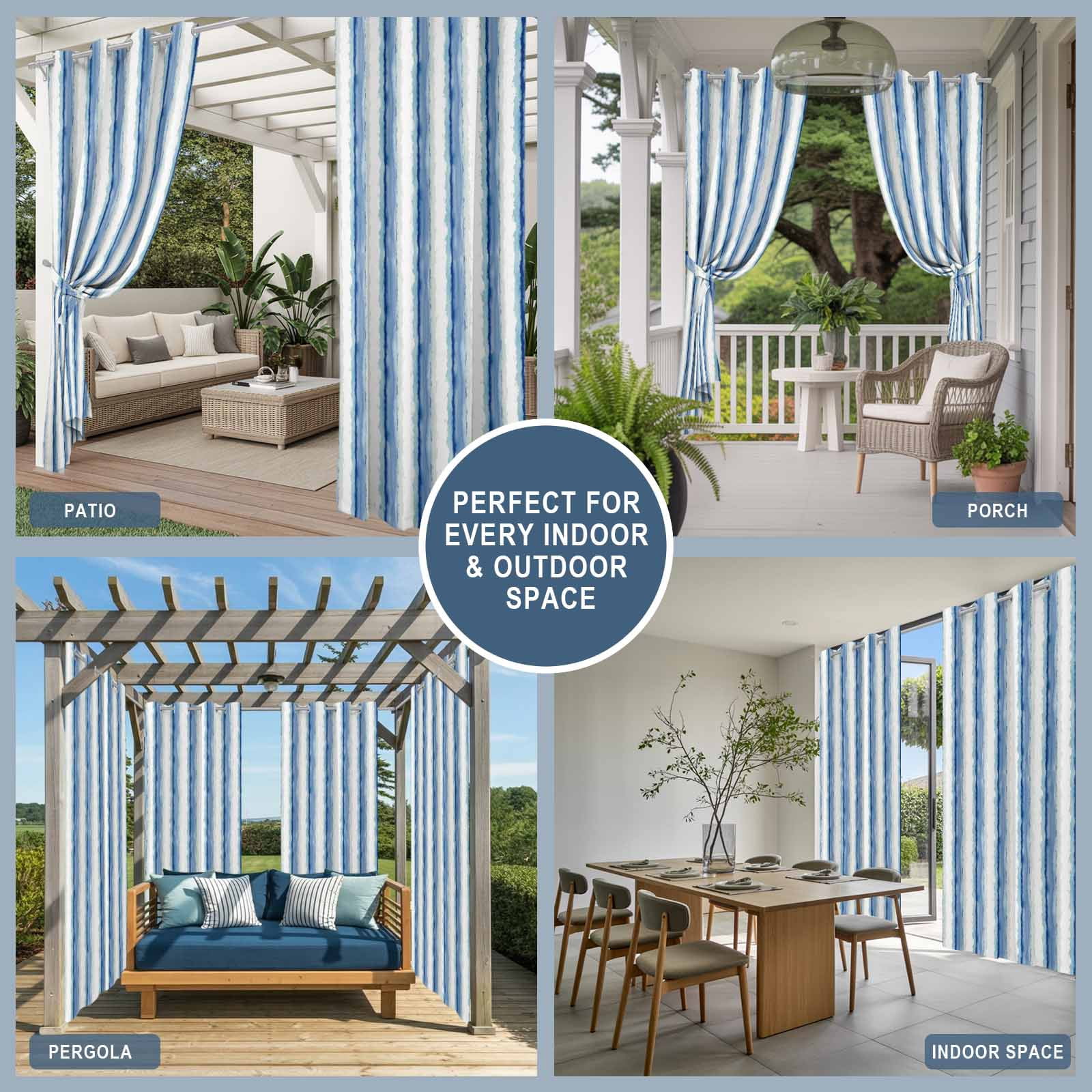 Abstract Blue Stripes Outdoor Curtains for Patio, Minimalist Faded Denim Striped Country Sunshade Privacy Drapes Grommet Waterproof Outside Curtains for Porch/Cabana/Balcony 54"x 108", 1 Panel