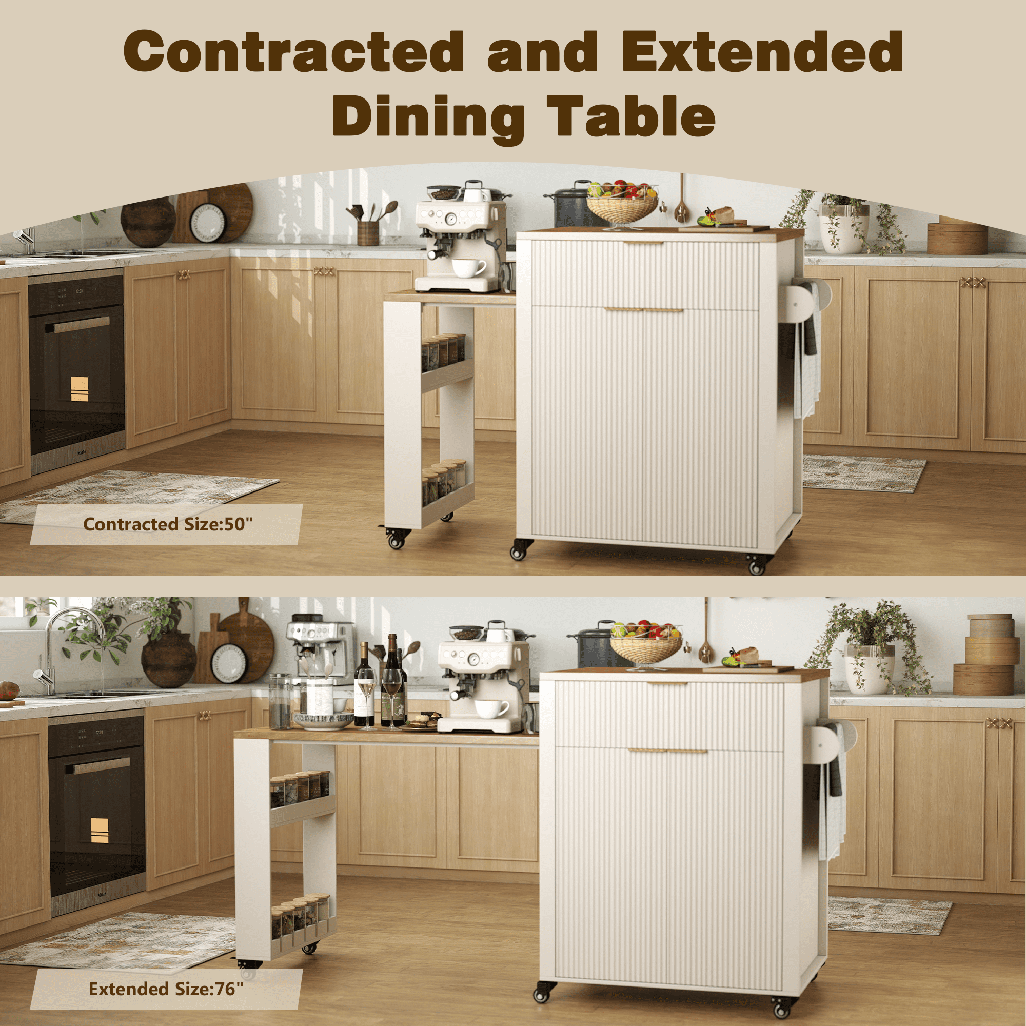 FOOWIN Kitchen Island with Extendable Dining Table, Mobile Island Table with Cabinets, Drawers, Power Outlets, White