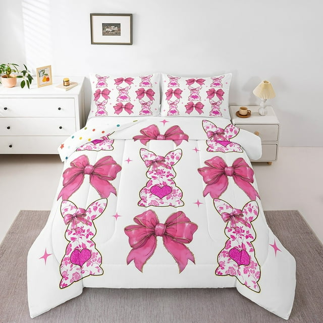 Erosebridal Kawaii Bowknot Bedding Twin Comforter Set,Cartoon Sheep Rabbit Down Comforter,Floral Decor,Reversible,Lightweight,2pcs