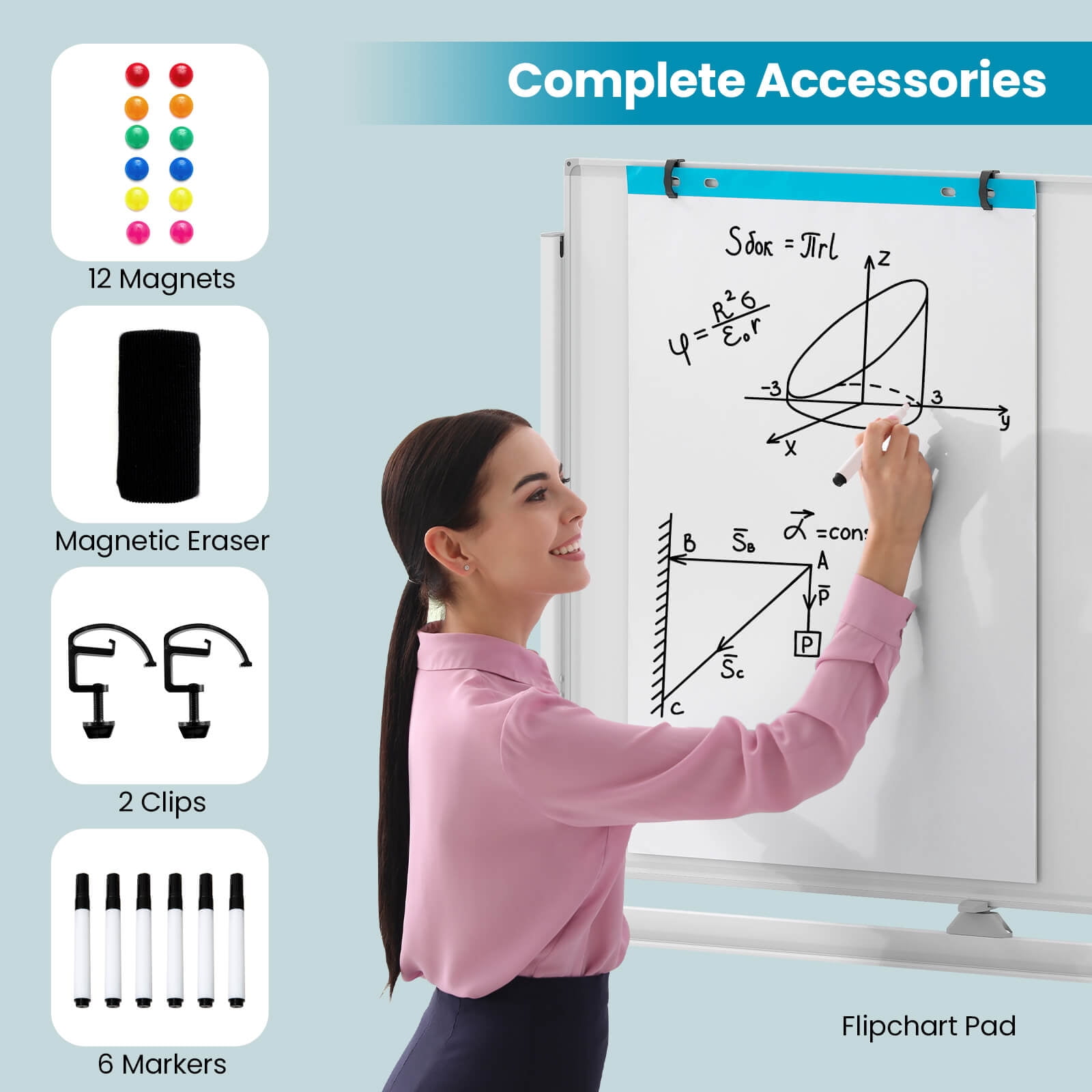 Costway 48"x36" Mobile Magnetic Double-Sided Reversible Whiteboard Height Adjust White