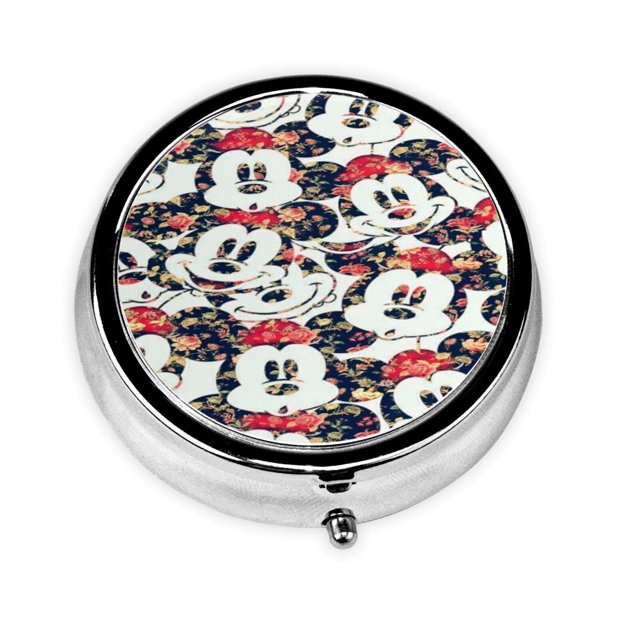 Pastillero redondo de Mickey Mouse con 3 compartimentos, pastillero portátil para bolsillo o bolso, pastillero decorativo de metal, organizador de vitaminas y medicamentos