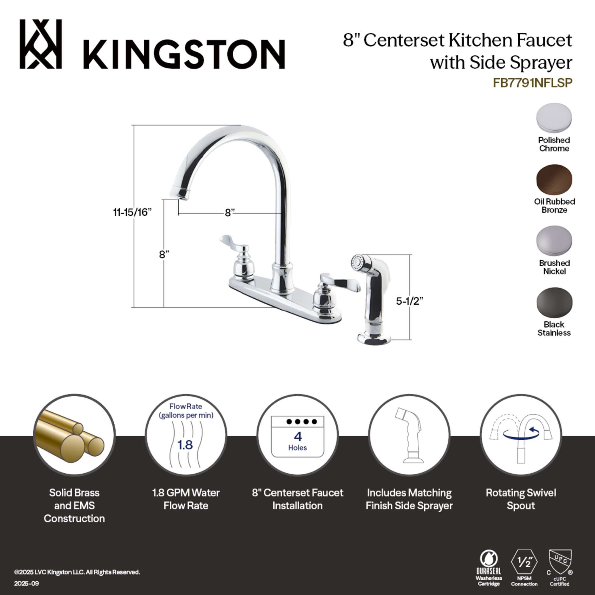 Kingston FB7795NFLSP NuWave French Two-Handle 4-Hole 8" Centerset Kitchen Faucet with Side Sprayer in Oil Rubbed Bronze