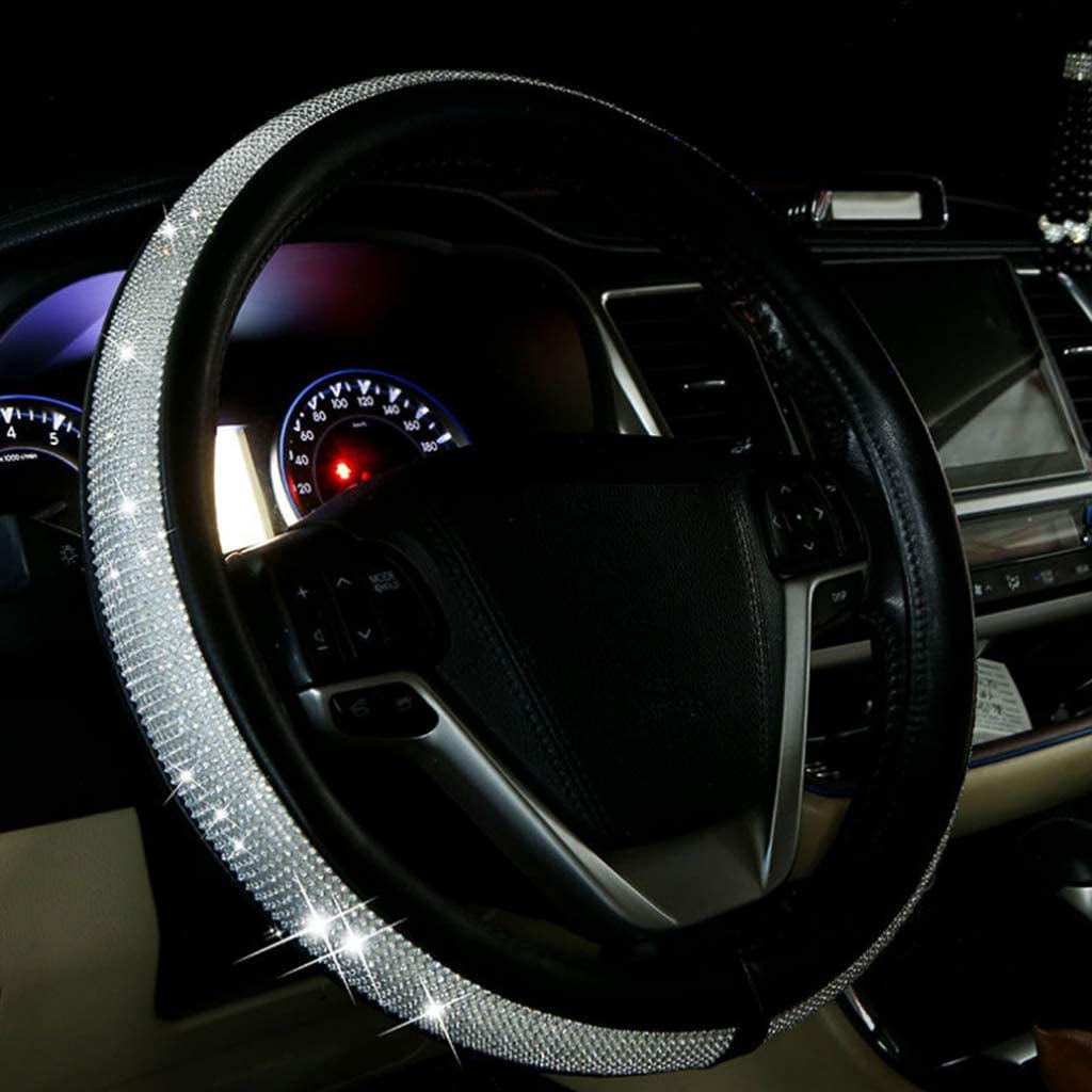 Bling Steering Wheel Cover 15 inch for Women, PU Leather with Bling