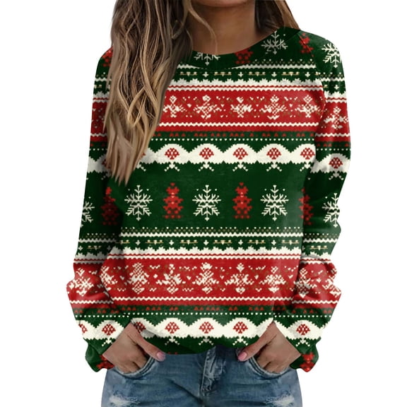 Women's Fashion Casual Long Sleeve Christmas Printed Neck Sweatshirt Top, Raglan Sleeve Design, Comfortable Pullover for Women, Festive Holiday Wear,Dark Green,S