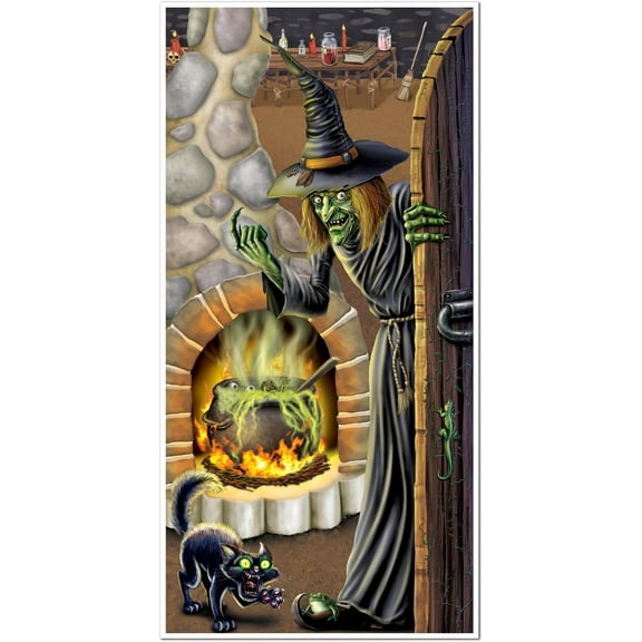 ASKETAM Halloween Decorations Door Cover, Vintage Witch & Cat Banner 35x70in