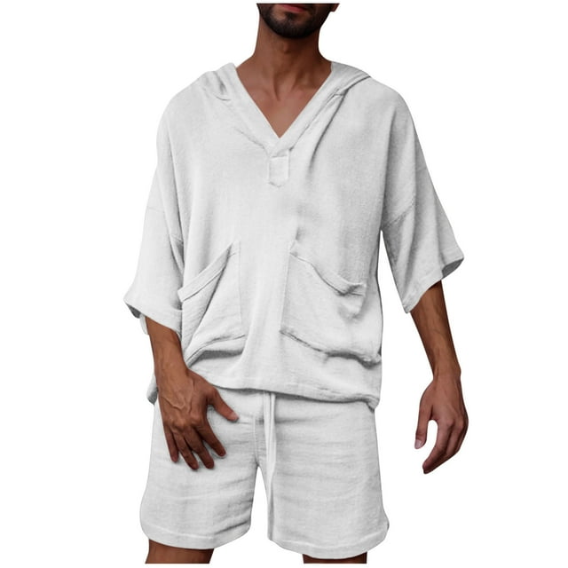 Conjunto de Traje para Hombre, Casual Manga Corta con Capucha, Pantalones Cortos de Bolsillo Conjunto de Color Sólido para Hombres