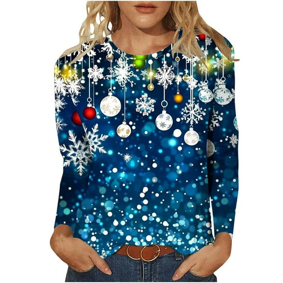 asdoklhq Women's Sweatshirt Christmas Women's Fashion Tees Casual Round Neck Loose T Shirt Long Sleeve Christmas Print Shirt Multicolor 2X