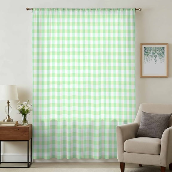 Green Grid Sheer Curtains 54 Inches Long, Checkered Plaid Gingham Lattice Trellis Print Light Filering Curtains, Breathable Simi Curtain Privacy Drapes for Kitchen Bathroom Small Window Treatment