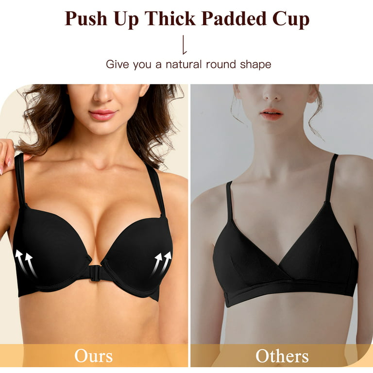 YANDW Front Closure Push Up Bra Strappy Thick Padded Cross Back Add 2 Cup  Plunge Seamless Underwire Bras Black,34B 
