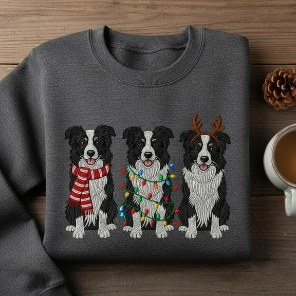 Embroidered Border Collie Christmas Sweatshirt, Three Dog Holiday Shirt, Cute BC Light Ugly Xmas Sweater Crewneck