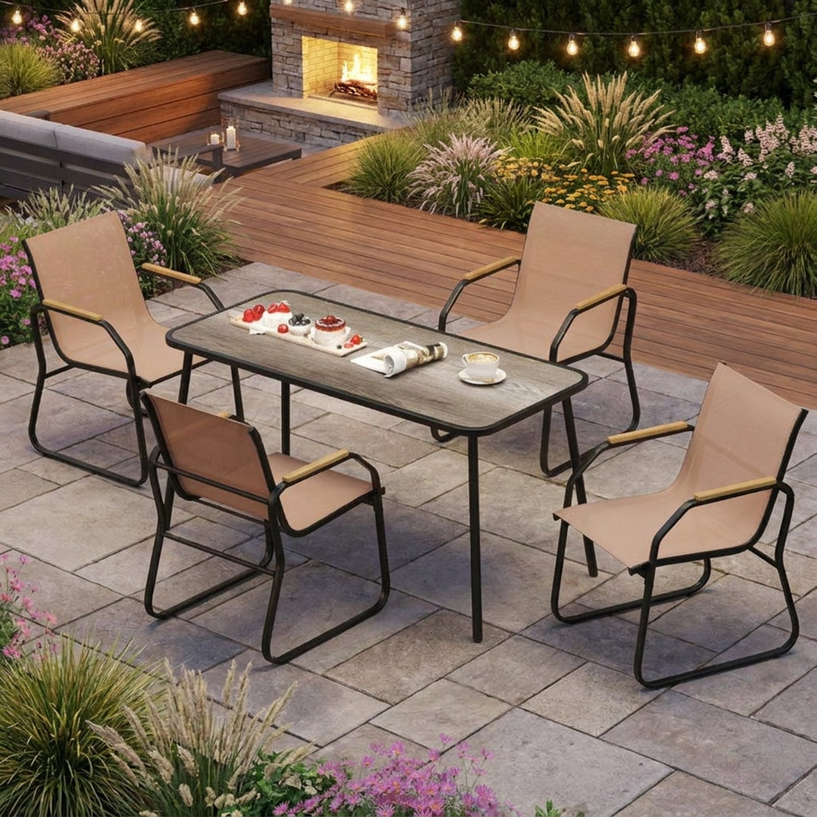 Furnibear 5 Pieces Patio Dining Set with 55 Inch Rectangular DPC Wood Grain Table 4 Breathable Fabric Sling Chairs and Reinforced Metal Frame for Backyard Garden Deck, Brown