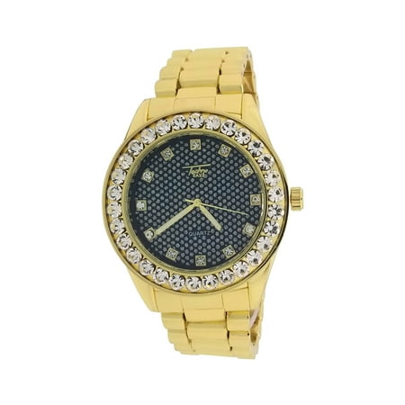 Ap Watch With Diamonds Techno Pave 14K Gold Plated Iced Out 1 Row Big Stone Bezel Black Gold Dial Presidential Style Metal Band Wrist Watch ()