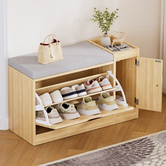 Enogets 2 in 1 Shoe Bench with 2 Flip Drawers, Modern Entryway Shoes Cabinet with Padded Seat Cushion, Wooden Shoe Storage for Entryway, Bedroom and Apartment, 31.5"