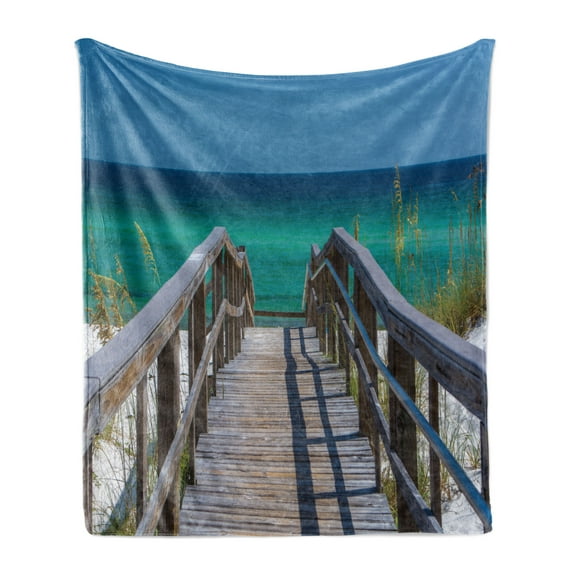 Beach Pathway Soft Flannel Fleece Blanket, Boardwalk View of the Beach in Pensacola Florida United States Summer Season, Cozy Plush for Indoor and Outdoor Use, 50" x 70", Multicolor, by Ambesonne