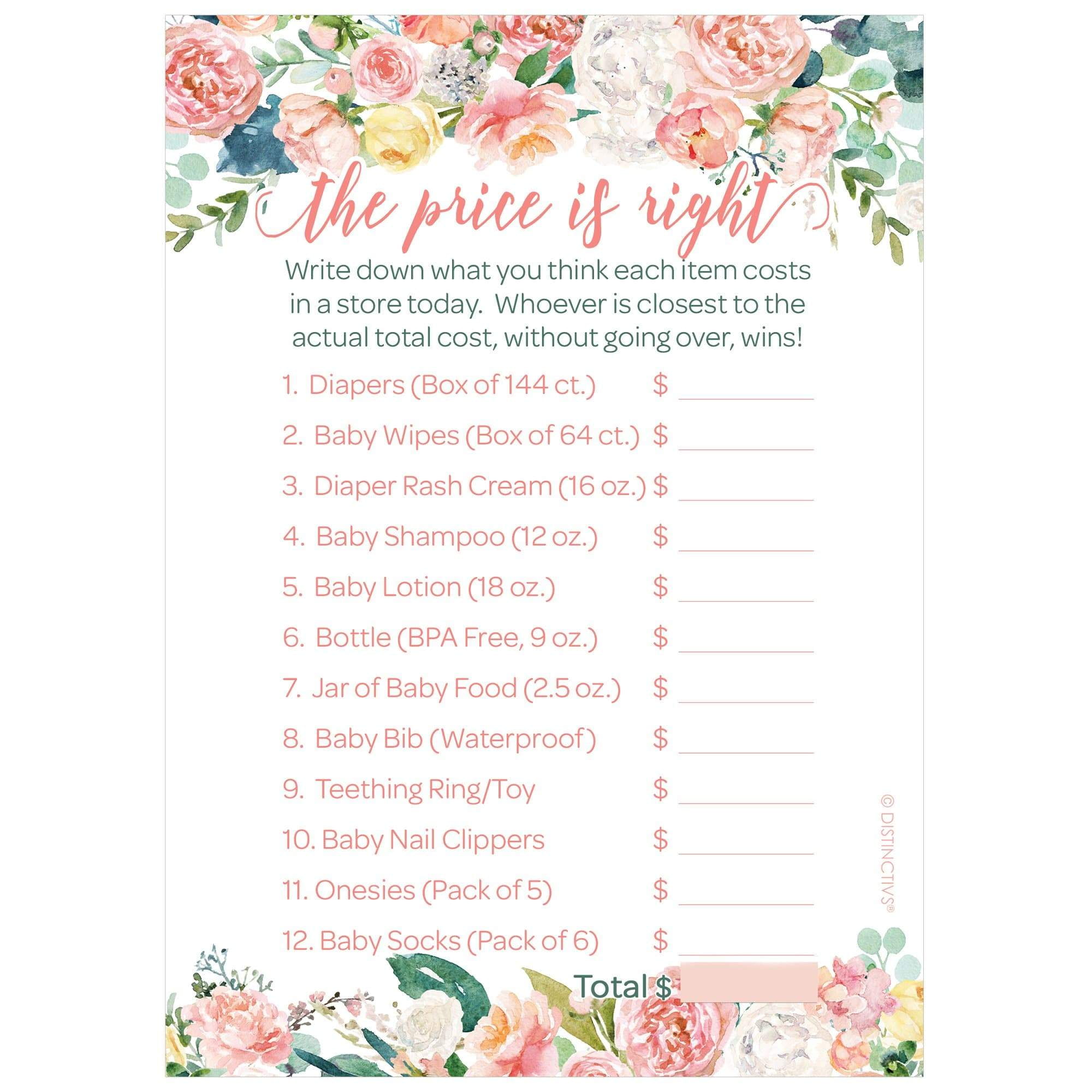 Baby Shower Game Baby Girl Pink Floral Baby Shower The Price is Right Game 