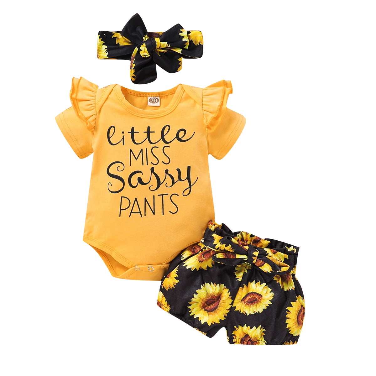 Newborn Baby Girls Clothes Set Long Fly Sleeve Romper Tops Headband Infant 3 Pieces Outfits Floral Sunflower Pants