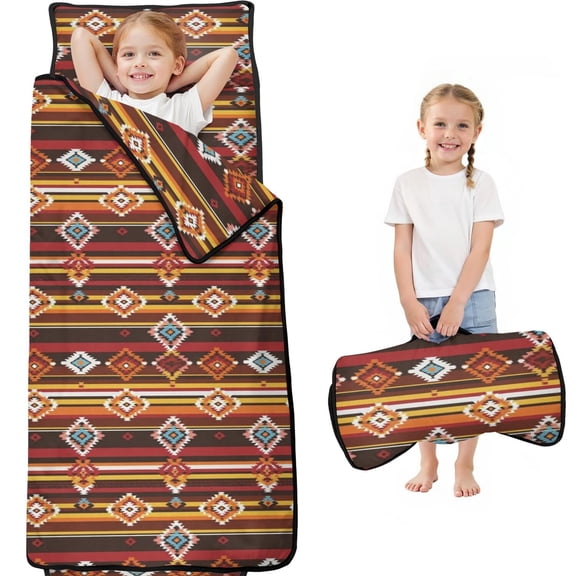 Geometric Stripe Red Pattern Teens Toddler Nap Mat with Pillow, Sleeping Mat Bag for Preschool Daycare 59"x22"
