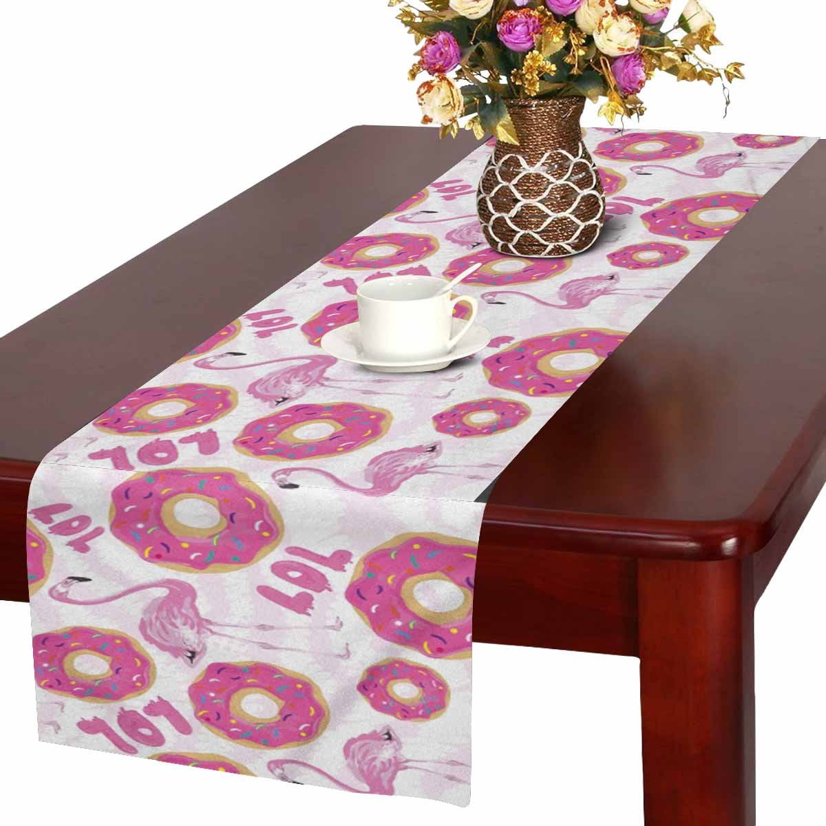 Mkhert Girly Pink Flamingo Birds And Donut Table Runner Home Decor