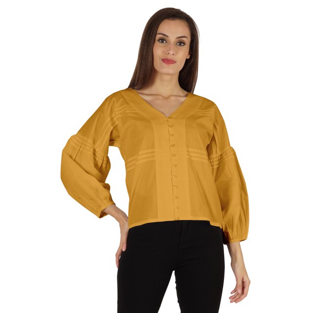 Bimba Chemise à Manches Ballon Boutonnée Été Coupe Ample Blouse Plissée pour Femmes