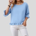 thumbnail image 3 of Towmus Womens 3/4 Sleeve Tops Knit Cotton Ladies Blouses Crew Neck T Shirts for Women Loose Fit Ruffle Sleeve Tunic Tops, XL, Light Blue, 3 of 8
