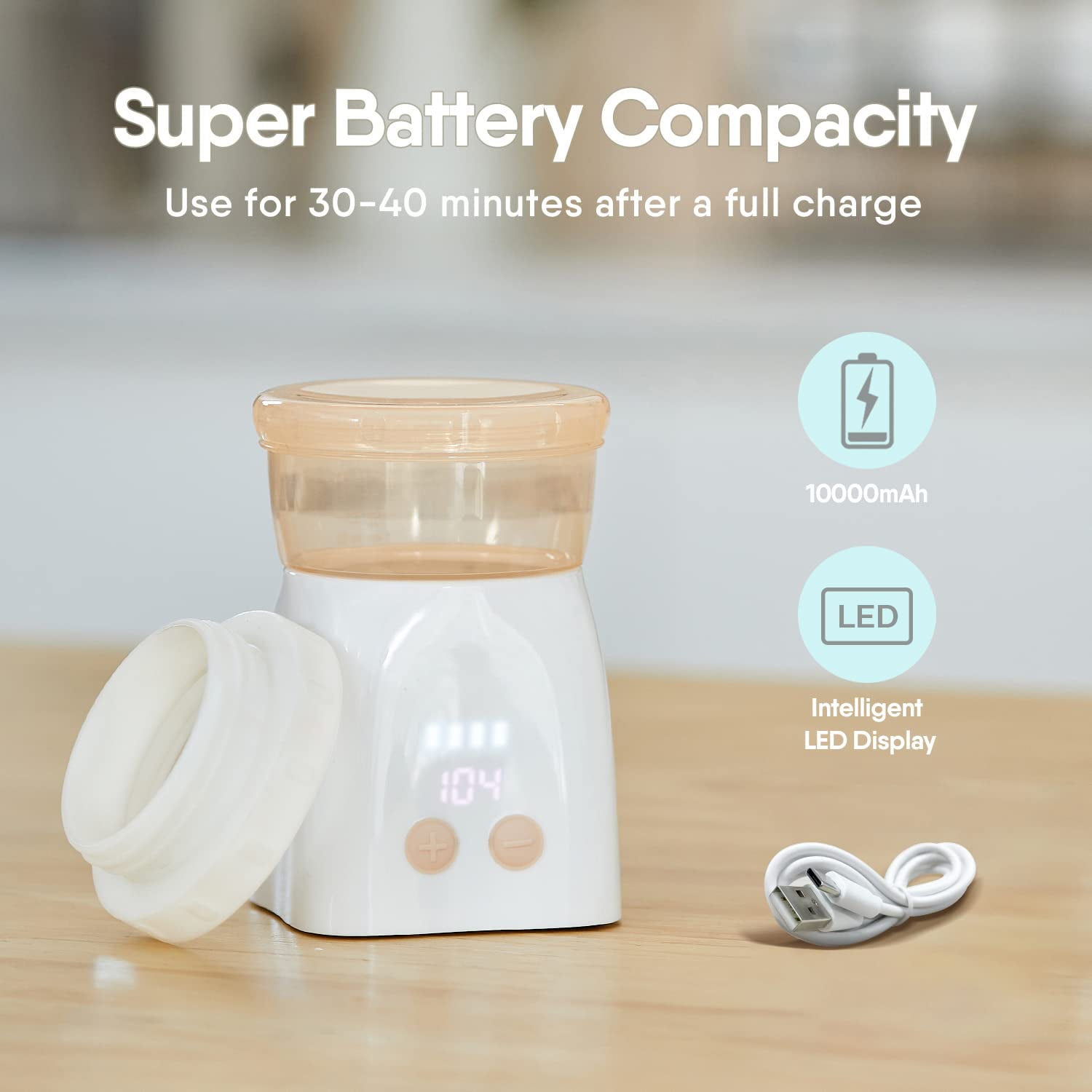 Portable Baby Bottle Warmer, BabyBond Breastmilk Warmer for Travel, Fast Milk Heating Rechargeable Bottle Warmer Cordless with 4 Bottle Adapters