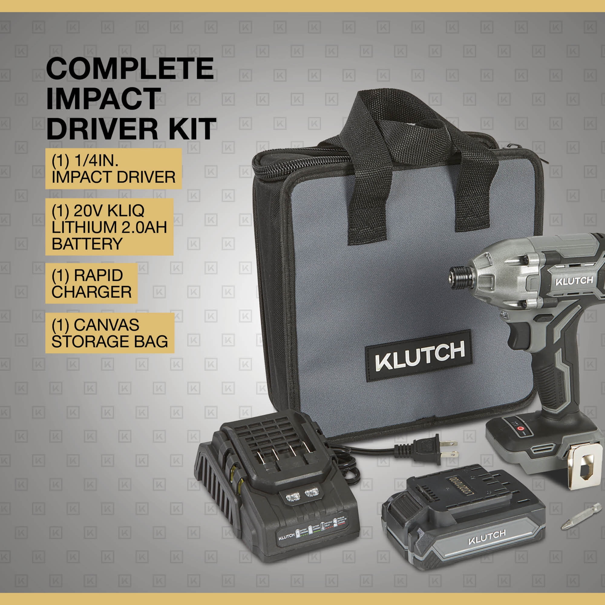 Klutch 1/4in. Impact Driver Kit, KLiQ 20V, 200 Ft./Lbs. Breakaway Torque, Brushless, Cordless, 2.0Ah