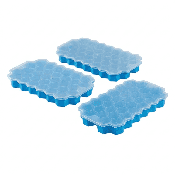 MoHern 3pcs Small Honeycomb Silicone Ice Trays with Removable Lids, Creative DIY Easy Release Ice Cube Molds, Reusable Home Ice Maker Boxes, Blue, 7.1" x 3.9"