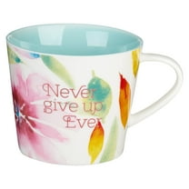 Heartfelt Inspirational Coffee/Tea Mug for Women, Never Give Up Ever, Unique Beautiful Teal/Pink Daisies Watercolor Flower Design, 10oz