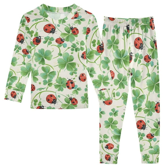 joogoo Ladybugs Clover Flower 2 Piece Long Sleeve Tee and Pants Cotton Pajama Set 5Y