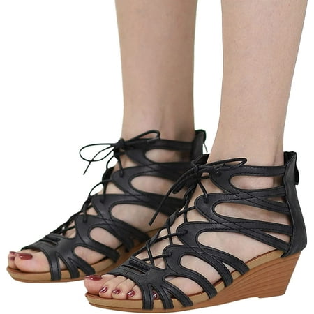 

Summer Women S Wedge Sandals Black Dressy Open-Toe Sandals Ankle Strap Hollowed Out Casual Sandals Beach Shoes Roman Retro Sandals