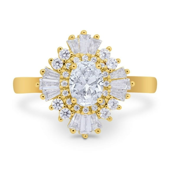 Art Deco Vintage Oval Halo Wedding Ring Yellow Tone, Simulated Cubic Zirconia 925 Sterling Silver size 5