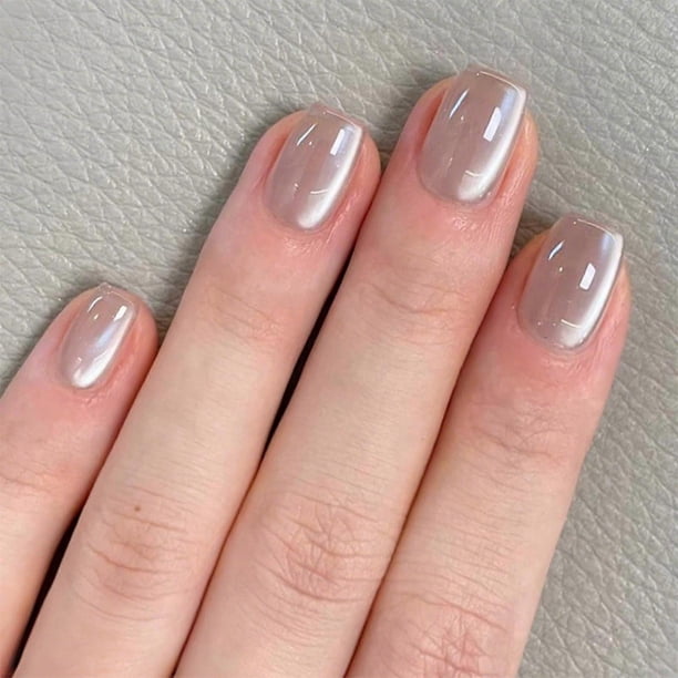 Uñas postizas cortas cuadradas de color rosa grisáceo con efecto ojo de gato brillante, reutilizables, con pegamento, juego de 24 piezas.