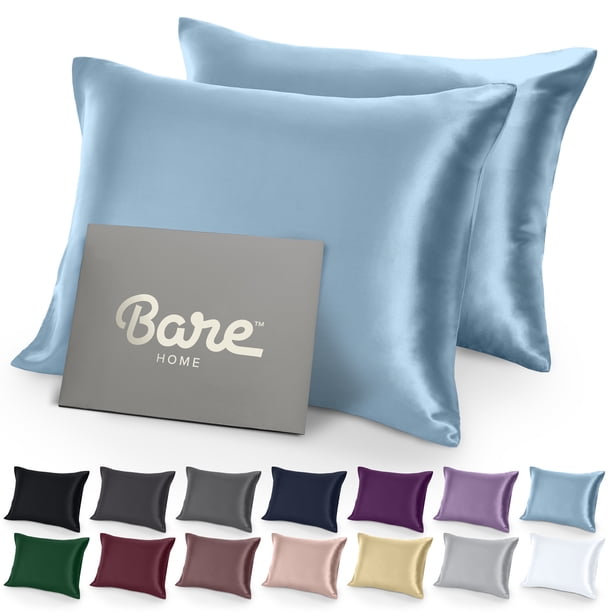 Bare Home Juego de Fundas de Almohada de Satén - Fundas de Almohada de Lujo - Suaves y Lisas - Transpirables - Cierre Tipo sobre - Estándar, Azul Claro
