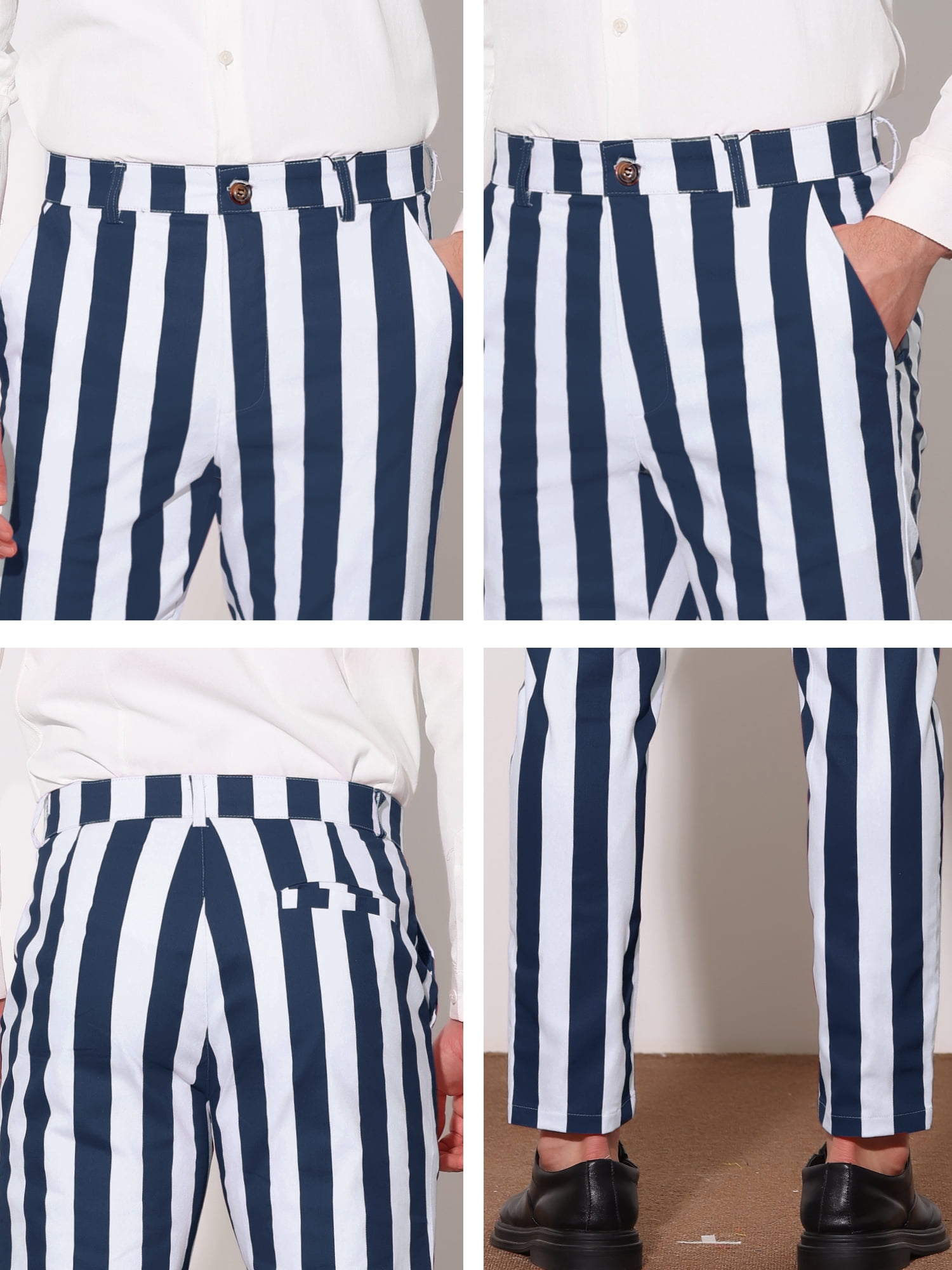 Unique Bargains Men's Striped Pants Business Skinny Fit Color Block Trousers 34 Blue White