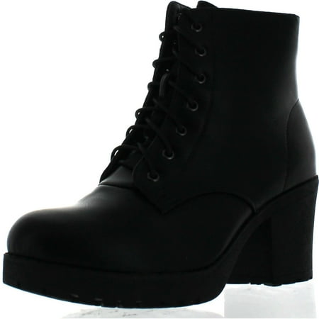 

Refresh Footwear Women s Lace-up Combat Chunky Stacked Heel Ankle Bootie Black 8.5