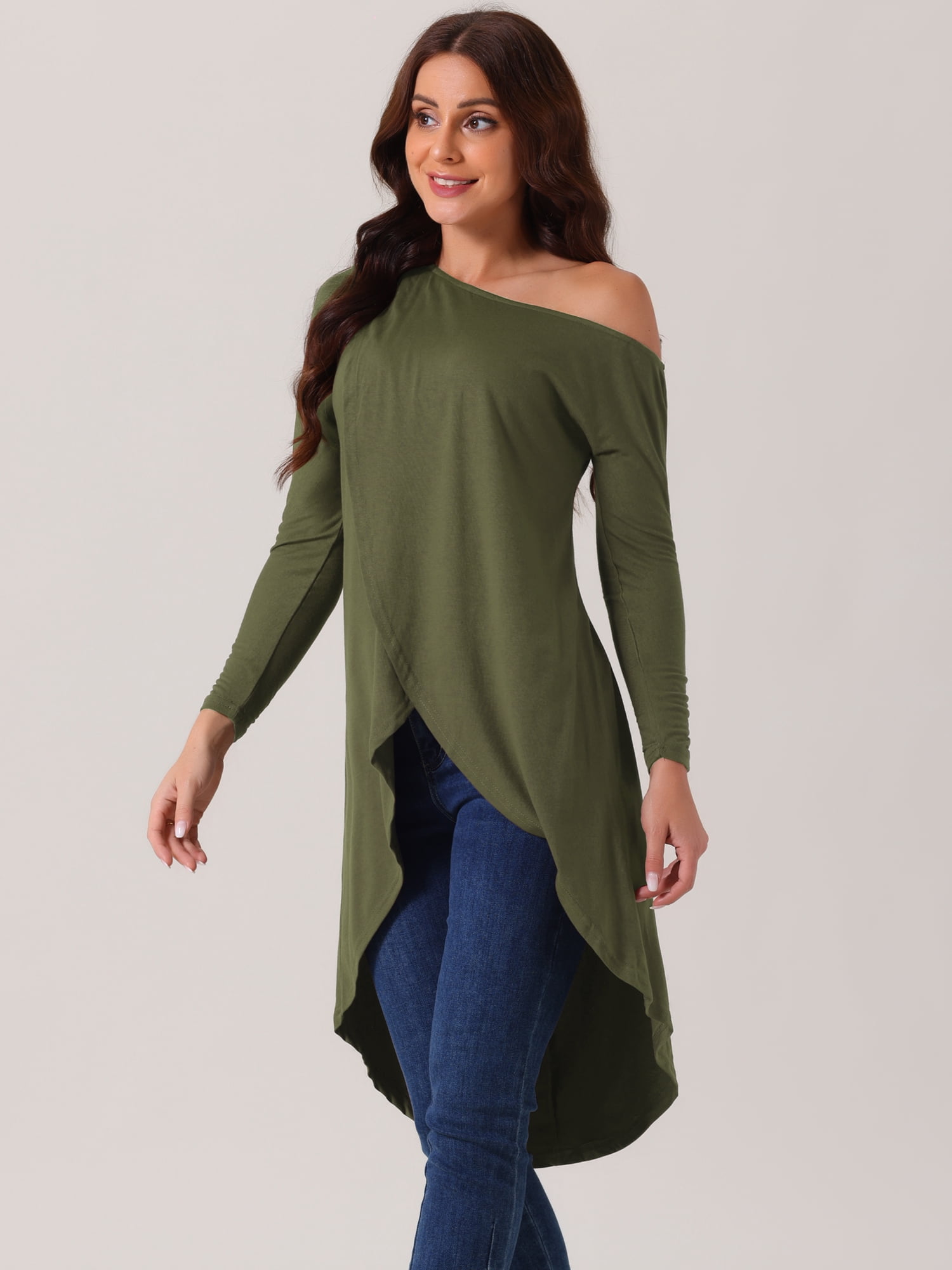 DARING DIVA One Shoulder High Low Irregular Hem Top L Army Green